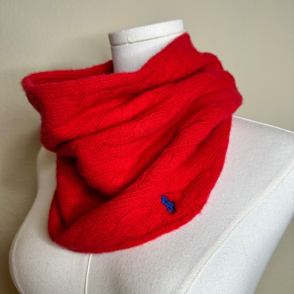 Polo Ralph Lauren Red Merino Wool Cashmere Cable Knit Snood Scarf Blue Pony Logo